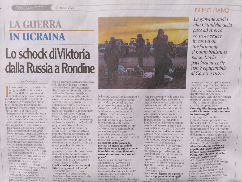 TOSCANA OGGI – Lo shock di Viktoria dalla Russia a Rondine