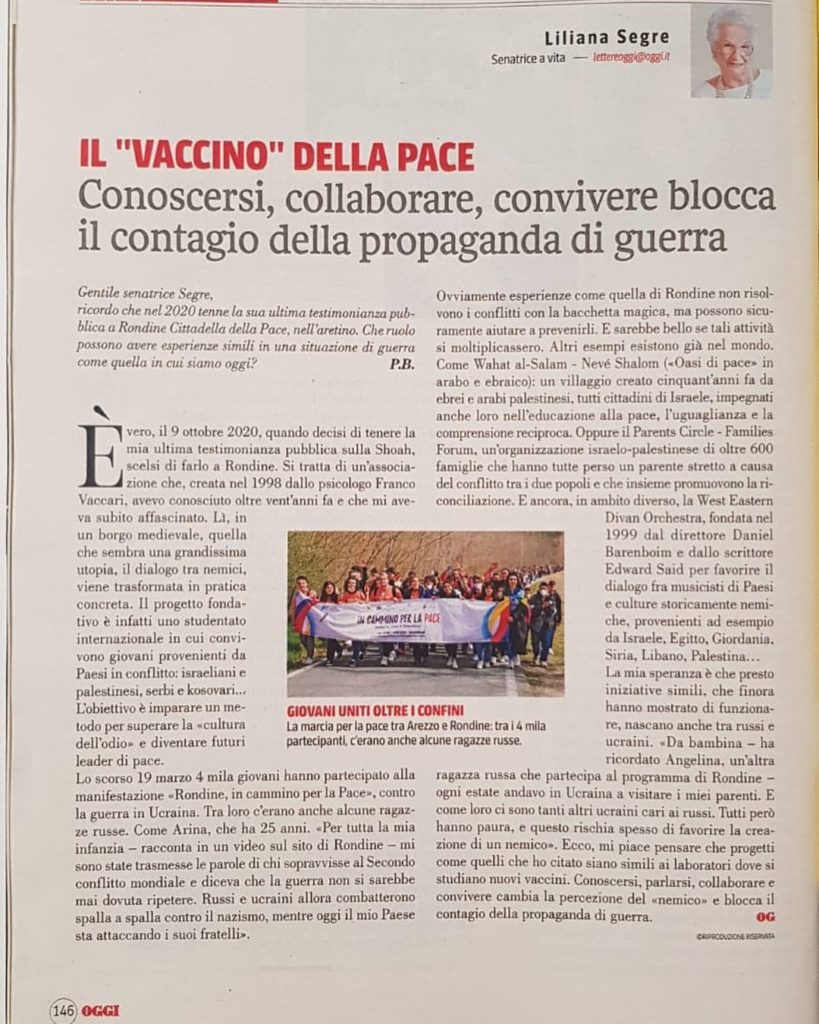 Oggi – Liliana Segre,  “il “vaccino” per la Pace
