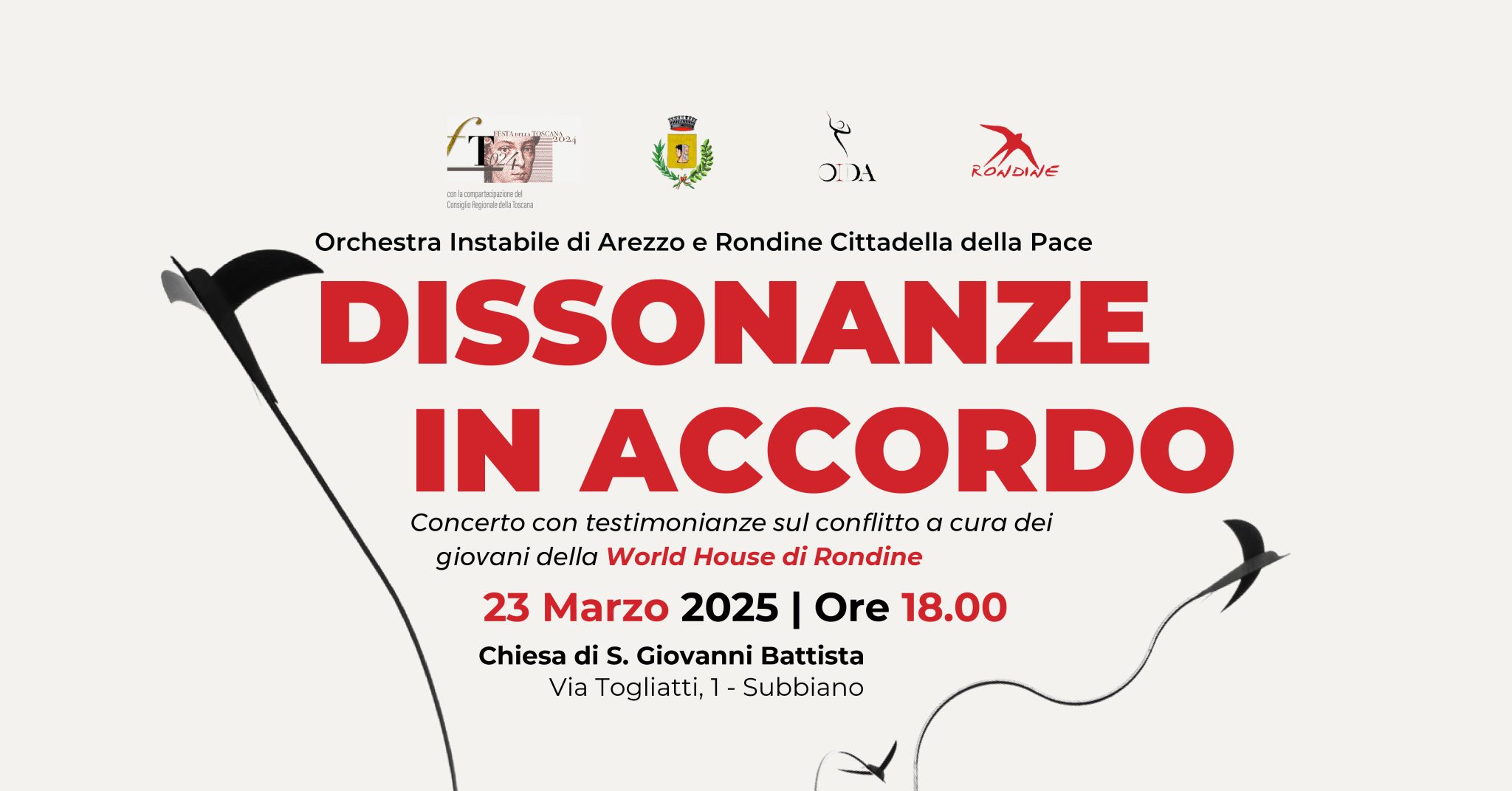 “Dissonanze in Accordo” il 23 marzo a Subbiano. Le storie dei giovani di Rondine abbracciate dalla musica di Oida