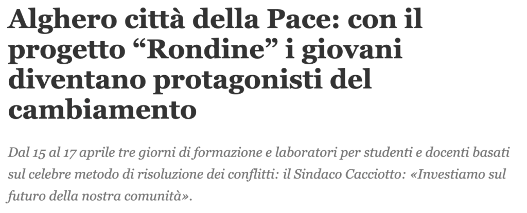 Alghero Eco – Alghero città della Pace: con il progetto “Rondine” i giovani diventano protagonisti del cambiamento