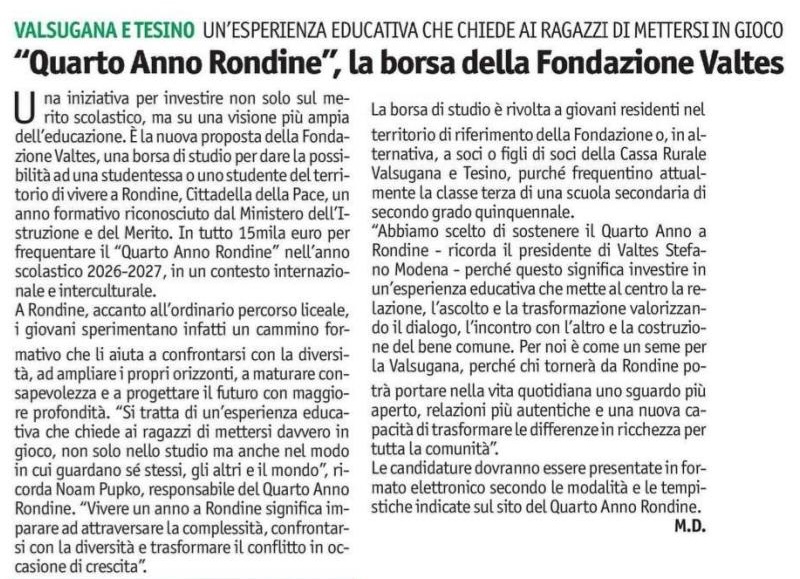 Vita Trentina – “Quarto Anno Rondine”, la borsa della Fondazione Valtes
